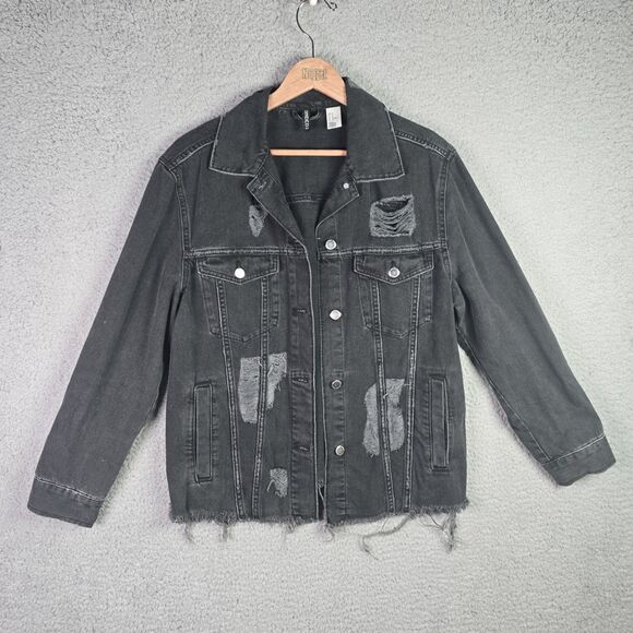 Divided Black Denim Jacket Thrashed Distressed Raw Hem Oversized Y2K Fall Retro - Picture 4 of 16